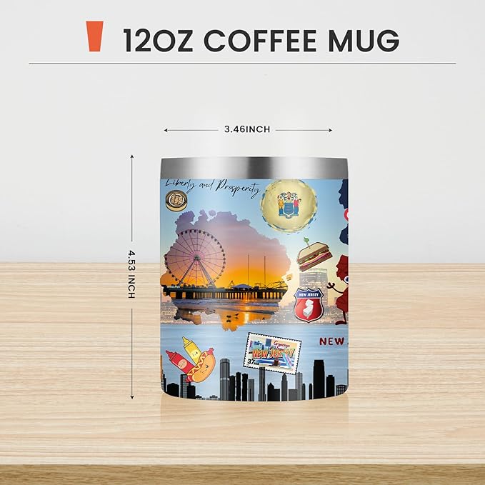 12oz Coffee Mug New Jersey State Insulated Coffee Cups, United States Map Travel Mug Landmark, Birthday Gifts Cute Mugs with Lid and Straw Gifts for Mom