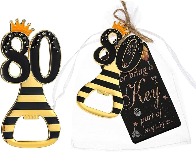 24pcs 80th Gold Keychain Bottle Opener 80th Birthday Party Favors, 80 Keychain Beer Bottle Opener Favors Anniversary Souvenirs Return Gifts for Guests Party Decor Supplies (black 80)