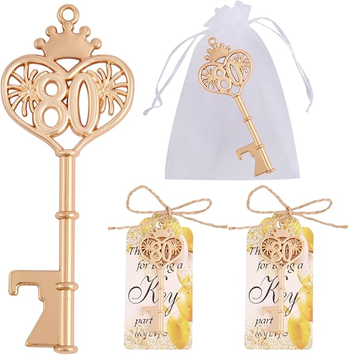 24 Sets 80 Birthday Party Favors Key Bottle Opener, 80th Beer Opener Keychain Favors for Guest with Organza Bags and Tags,Beer Keychain Bottle Openers for Birthday Party Decoration Supplies (gold-80)