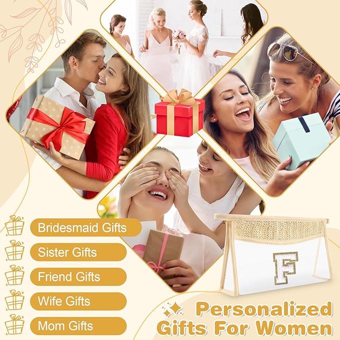 Personalized Initial Letter Bag Boho Straw Clear Makeup Bag,Small Cute Chenille Varsity Letter Bag With Zipper,Beach Travel Toiletry Bag,Portable Monogrammed Cosmetic Bag for Women Girls,F