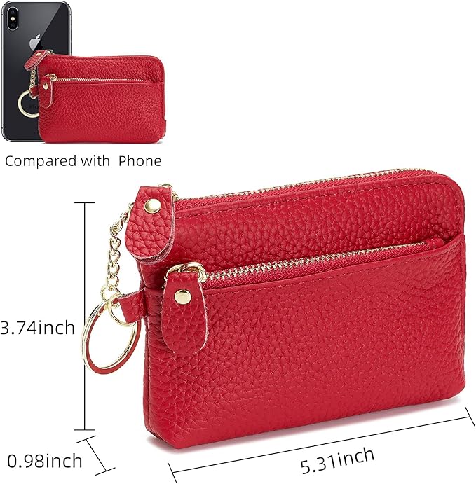 Genuine Leather Coin Purse for Women with Large Opening & Wrist Strap Navy (Red)