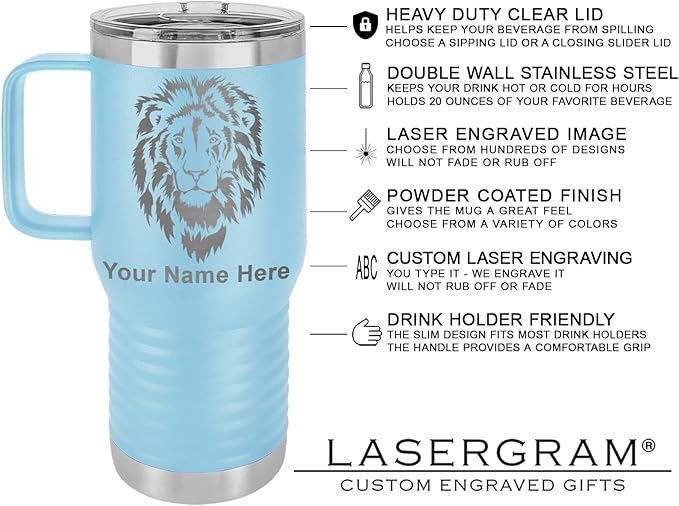 LaserGram 20oz Vacuum Insulated Travel Mug with Handle, Cup Cake, Personalized Engraving Included (Light Blue)