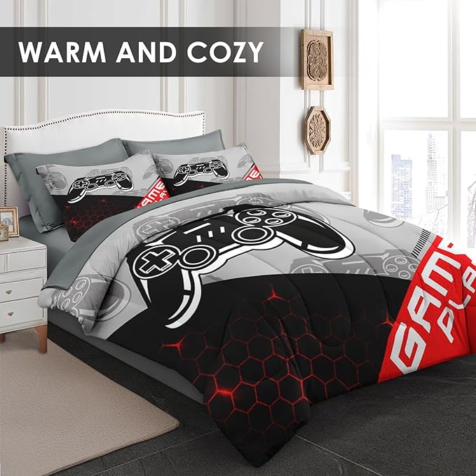 Comforter Set Twin Size, Boys Play Game Gamepad 5 Pcs Bedding for Kids and Adults, Video Gaming Sport Bed Sheet Sets with Fitted Sheet Pillowcase & Sham for Bedroom Bed Decor