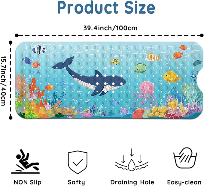 LNOND Bath Mat for Tub for Kids, Toddler Bathtub mat Non Slip, Sharks Fish Kids Bath Mats for Bathroom Non Slip with Drain Holes and Suction Cups,Machine Washable (40 X 16 Inch)