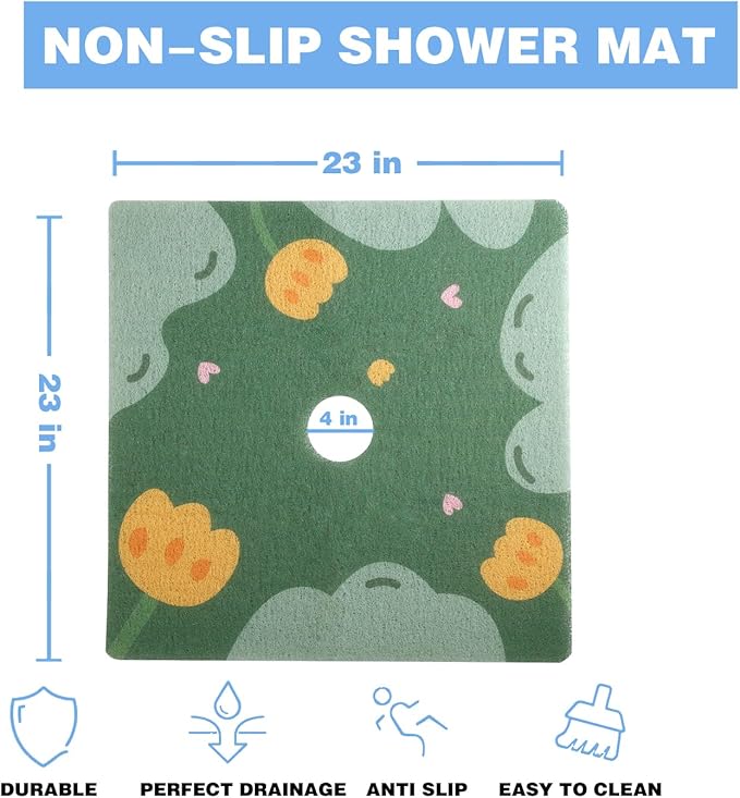 Square Shower Mat 23x23 Inch Non-Slip with Drain Hole, Shower Floor Mats for Bathroom, PVC Loofah Stall Mat, Secure Boho Bath Mats