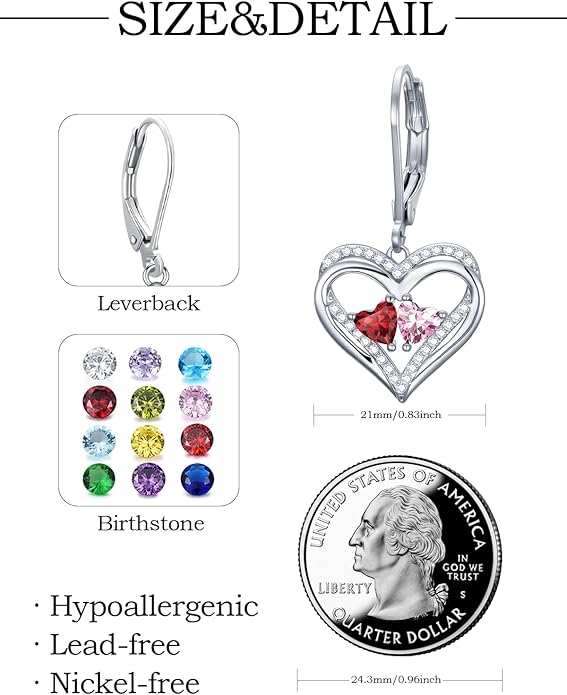 Heart Leverback Earrings Double Birthstone Dangle Earrings for Women, Love Jewelry for Her, Christmas Gifts for Women, Anniversary Birthday Gift for Mom Wife Girlfriend