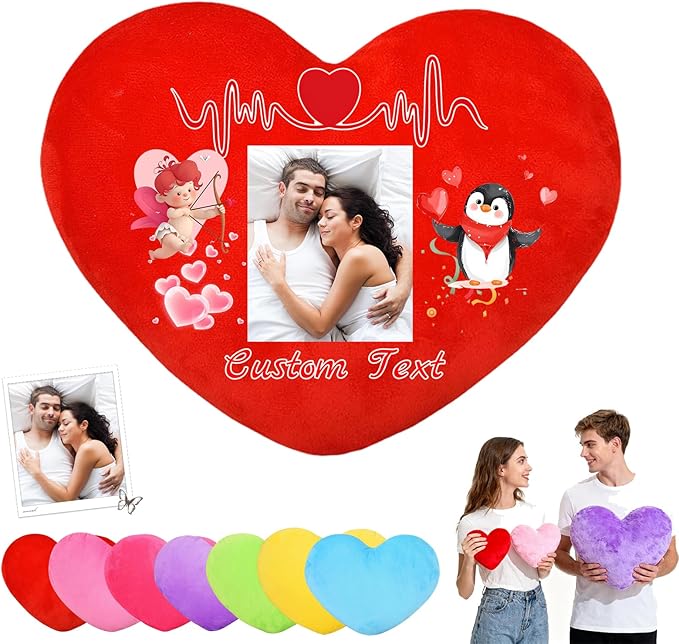 Custom Heart Pillow with Insert, Personalized Heart Shaped Pillows with Photo Name as Valentine Pillows for Hubsand Wife Home Decor Personalized Gifts for Valentines Day Anniversary
