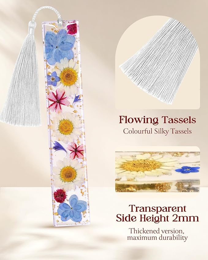 Buleens 2PCS Bookmarks for Women - Purple Book Marks for Readers Book Lovers, Personalized Handmade Dried Flower Resin Bookmark with Tassels, Pretty and Aesthetic