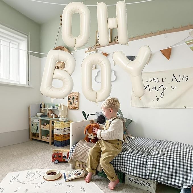 Large Beige Oh Boy Balloons, 40 Inch Cream White Sand OH BOY Balloon Letters with Ribbon, Neutral Ivory Alphabet Oh Boy Balloon for Baby Kid Boys Birthday Baby Shower Gender Reveal Party Decorations