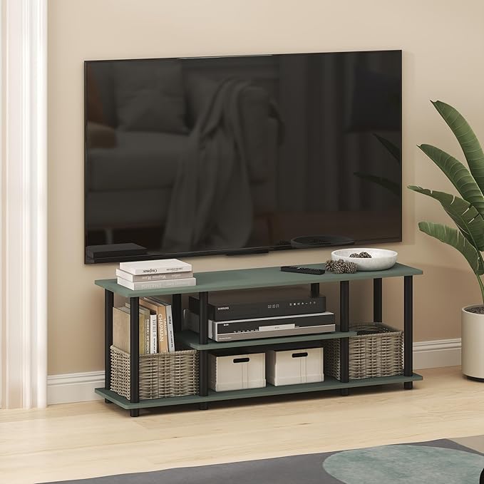 Furinno Turn-N-Tube TV Stand, 3-Tier Entertainment Center with Open Shelves, TV Console for TV up to 50 Inch, for Living Room, Bedroom, Sage Green