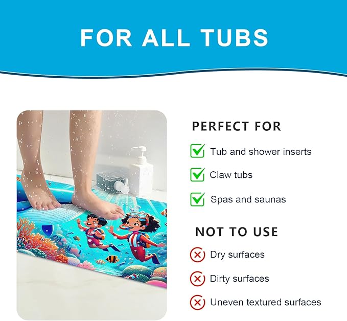 XIYUNTE Baby Bath Mat for Tub Non Slip Kids Bath Mat - 40''x16'' Extra Long Cartoon Coral Baby Bath Tub Mat Eco-Friendly Toddler Bath Mats with Suction Cups & Drain Holes Easy to Clean & Easy Drying