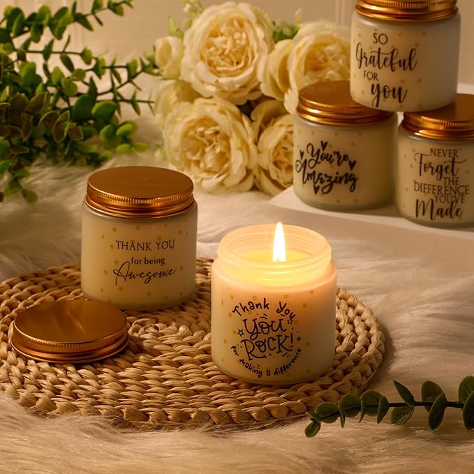 Roowest 10 Jars Thank You Gift Candles 3.5 oz Valentines Employee Appreciation Gifts Bulk Soy Wax Jar Inspirational Candle Thank You Coworkers Employee Women Secretaries Teacher(White,Elegant,Fresh)