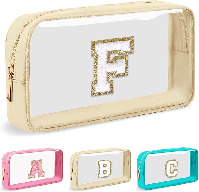 Personalized Initial Letter Clear Makeup Bag,Preppy Small Nylon&PVC Cosmetic Zipper Bag with Chenille Letter,Portable Beach Travel Skincare Toiletry Bag,Trendy Monogram Gift for Teen Girls Women,F
