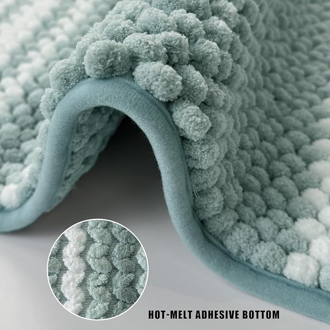 HDFK Bath Mat & Bathroom Rugs, Soft Looped Popcorn Chenille Non-Slip Shower Rug, Super Absorbent & Odorless Hot Melt Adhesive Striped Carpet for Bathtub Floors (24x17 Inch, Light Turquoise Blue Green)
