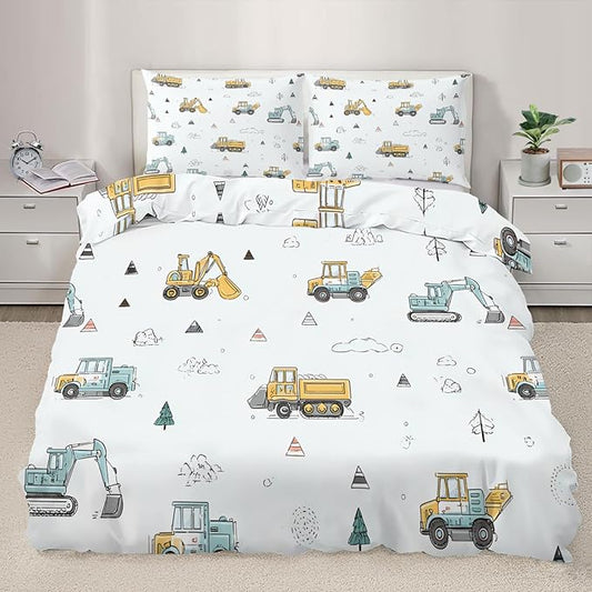 Excavator Bulldozer Duvet Cover Full Size Cartoon Construction Vehicles Bedding Set Children's Cartoon Car Comforter Set Colorful Engineering Duvet Cover with Pillowcases for Bedroom