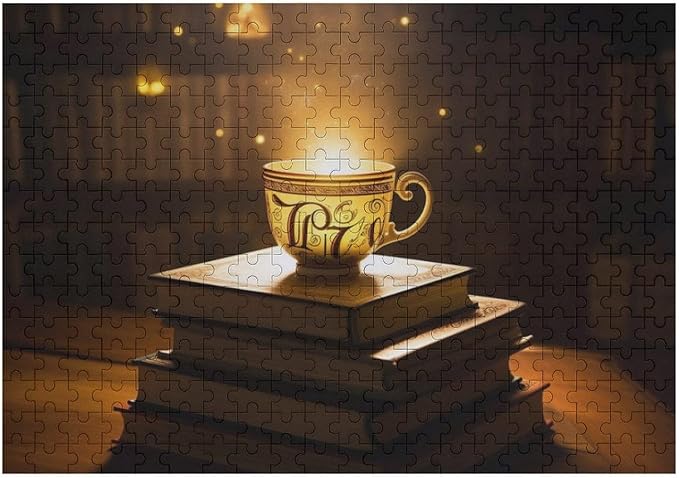 Wooden Puzzle - Hot Tea On A Book Rounded Corner Jigsaw Puzzles，Wooden Puzzles for Adults 300 Pieces Challenge Puzzles，Educational Games，Family Puzzles，Unique Gifts for Wall Art