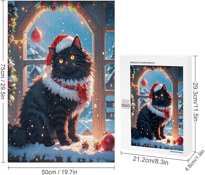 Jigsaw Puzzles for Adults 1000 Piece - Christmas Black Cat Wooden Puzzles, Educational Games，Challenge Puzzles Puzzle Games, Stress Relief Games