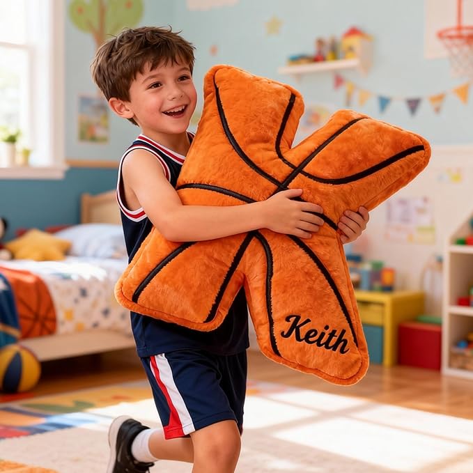 Mostop Personalized Initial Letter Pillow Custom Basketball Shaped Pillow with Name Birthday Gifts for Kids Boy Girls Dad Sports Lover