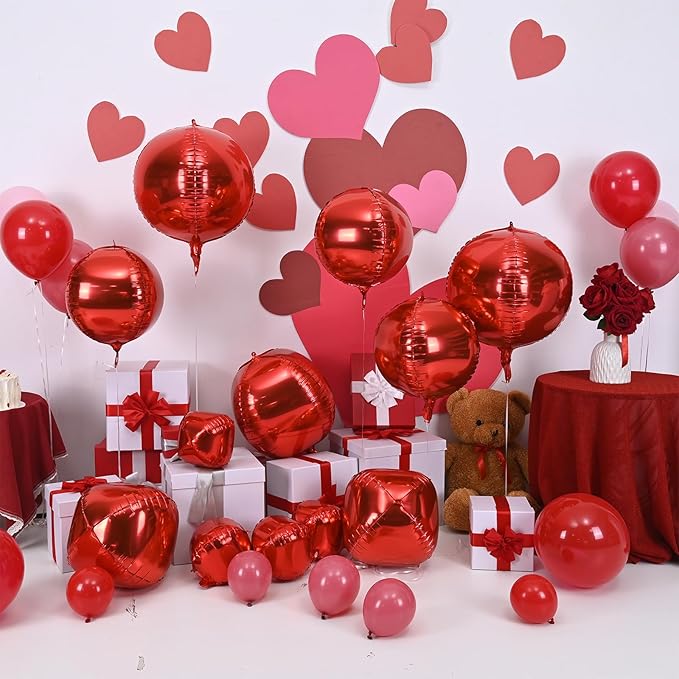 12PCS Red Round Foil Balloons, 22" 15" 10" Large 4D Ball Balloons Metallic Red Mirror Balloon for Graduation Christmas Valentines Galentines Day Wedding Birthday Party Decorations