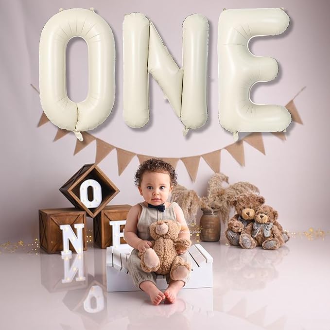 40 Inch Beige One Balloons for 1st Birthday, Cream White Sand One Balloon Letters with Ribbon, Neutral Ivory Alphabet One Balloon for Boys Girls First Birthday 1 Year Old Baby Shower Party Decorations