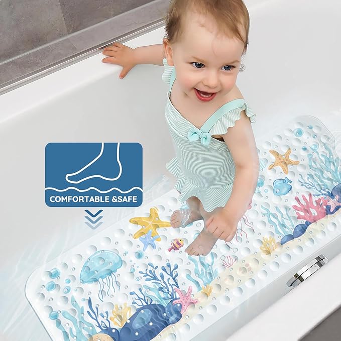 LNOND Bath Mat for Tub for Kids, Sea World Bathtub mat Non Slip, Jellyfish Starfish Coral Bath Mats for Bathroom Non Slip with Drain Holes and Suction Cups,Machine Washable (40 X 16 Inch)