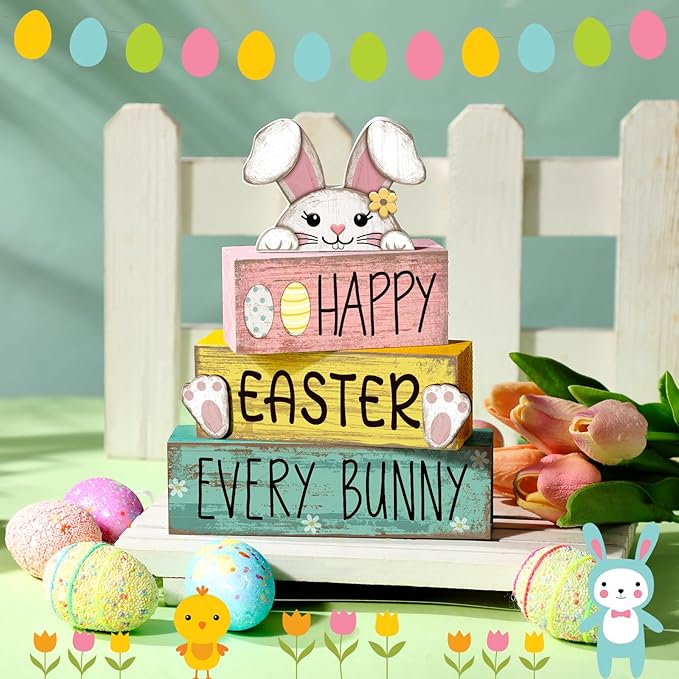 4 Pcs Easter Table Decorations Bunny Tiered Tray Decor Wooden Bunny Block Signs Gifts Happy Easter Centerpiece for Tables Wood Rabbit Tabletop Signs for Kitchen Home Shelf Office Decor