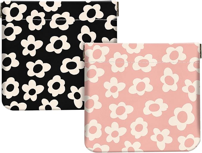 2Pcs PU Leather Small Squeeze Coin Purse Pouch Mini coin Bag Unique And Cute Wallet Cosmetic Bags Change Bag For Women Girls Men （Black and Pink Flowers
