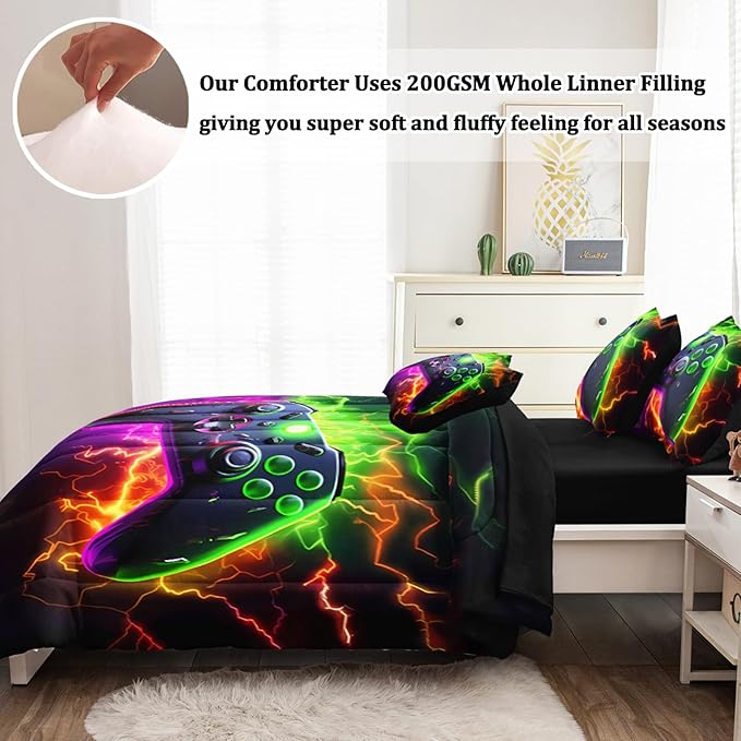 6 Pcs Full Size Bedding Set, Gaming Comforter Sets for Boys & Teens, Full Gamer Bedding Sets