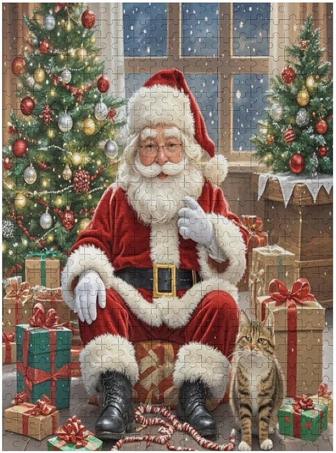 Puzzles for Adults 500 Pieces Wooden Jigsaw Puzzle - Santa Claus and Kitten Christmas Series Theme Puzzle，Party Games，Family Toys，Educational Puzzles，Stress Relief Wooden Puzzle，Home Decoration