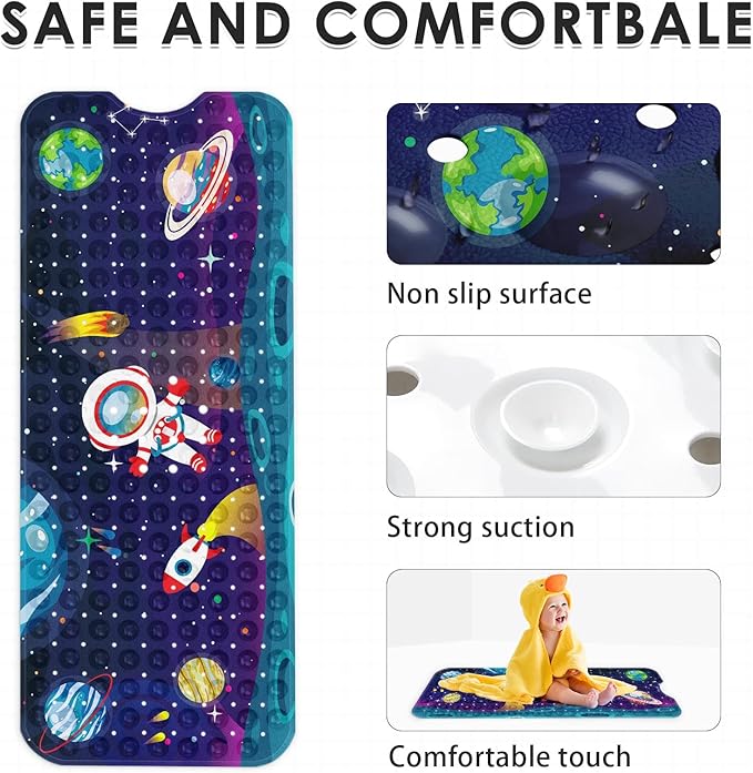 Baby Bath Mat for Tub for Kids, Space Astronaut Sun Moon 40 X 16 Inch Extra Long Toddler Bathtub Non Slip Earth World Shower Mat for Tub Anti Slip with Suction Cups and Drain Holes