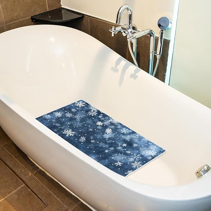 Bath Tub Mat Non Slip 15.1 x 26.8 Inch, Christmas Winter White Snowflakes Blue Background Eco Friendly Bathmat with Suction Cups Drain Holes Shower Tub Mats