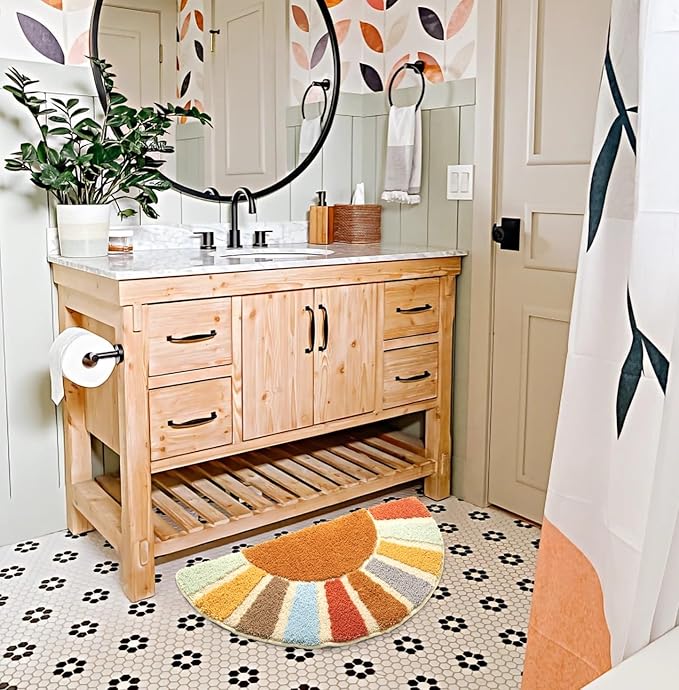 Sunrise Boho Bathroom Rugs,Half Circle Bath Mat Cute,Sun Bath Mats,Retro Bohemian Home Bathroom Decor,Small Colorful Fun Semi Round Shower Rug Non-Slip,Funny Washable Rug Bedroom 31"x16"