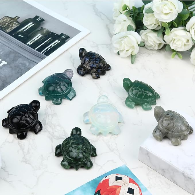 Crystal Travel Sea Turtle Figurines, Fluorite Sea Turtle Travel Gifts for Women Men Travelers, Hand Carved Good Luck Charm, Spiritual Companion Collectible Animal Statue Decors 2.1”