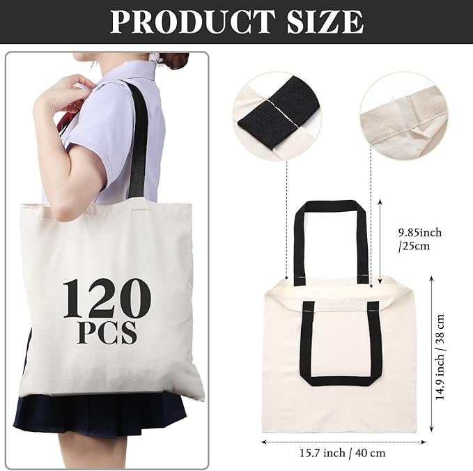 Roowest 120 Pieces Cotton Tote Bag Bulk 15 x 16 Inch Blank Shopping Cloth Bags Reusable with Long Handle for Women Men DIY(Beige, Black)