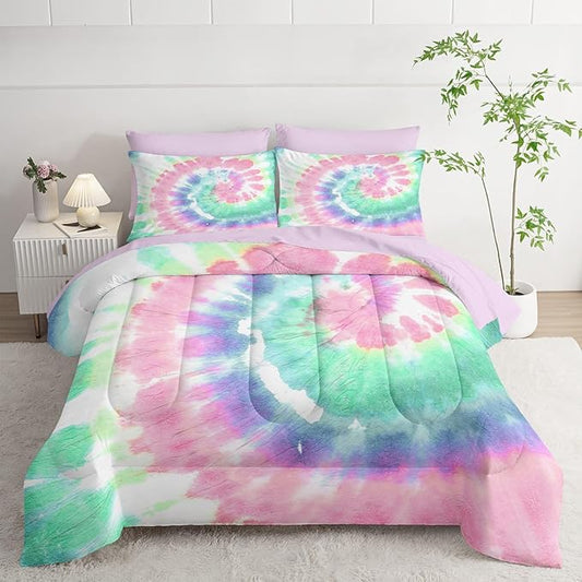 7Pcs Comforter Set Blue Pink Green Spiral Printed Bedding Set with 1 Comforter, 1 Flat Sheet, 1 Fitted Sheet and 4 Pillowcases for Boys and Girls Bedroom All Season(Spiral Full)
