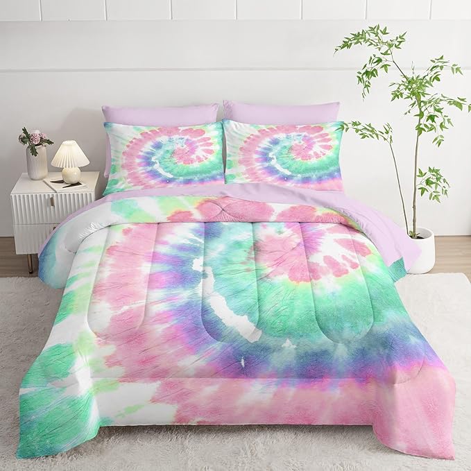 7Pcs Comforter Set Blue Pink Green Spiral Printed Bedding Set with 1 Comforter, 1 Flat Sheet, 1 Fitted Sheet and 4 Pillowcases for Boys and Girls Bedroom All Season(Spiral Queen)