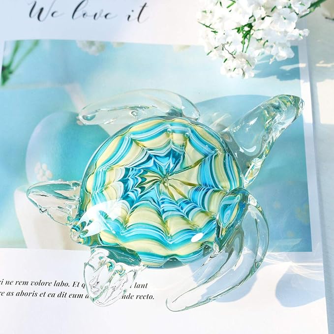 QFkris 6" Blown Glass Sea Turtle Figurine, Handmade Glass Sculpture, Home Decor, Birthdat Present