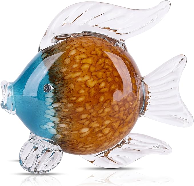 LCCCK Large Glass Fish Figurines Hand Blown Glass Fish Statue and Sculpture Home Decor, Murano Animal Tropical Sea Glass Paperweights for Desk, Glass Aquarium Coastal Beach Decorative (Brown)