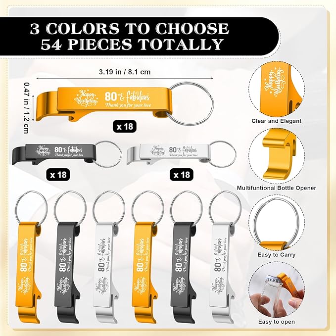 Dandat 54 Sets 80th Birthday Party Favors for Guests Birthday Beer Opener Keychain Cheers to 80 Bottle Opener Keychain with Thank You Cards and Gift Bags for Anniversary Wedding Party Favors