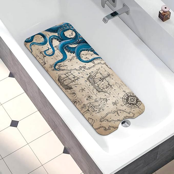 Bathtub Mat Non Slip, Octopus Extra Long Bath tub Mat Shower Floor Mat with Suction Cups and Drain Holes for Adults Kids Elderly 40 X 16 Inch
