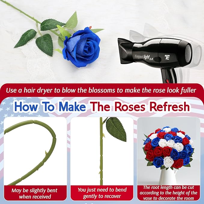 24 Roses Artificial Flowers 4th of July Decorations, Red White and Blue Patriotic Flower Arrangement， Realistic Fake Velvet Silk Roses with Stems in Bulk for Memorial Day Centerpiece Home Decor