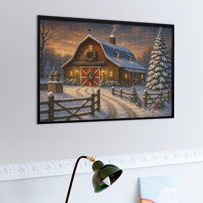 Christmas Snowy Night,Winter Red House 1000-Piece Wooden Jigsaw Puzzle, Winter Holiday Scene, Snowy Night Landscape, Cozy Indoor Fun, Family Entertainment, Mindful Leisure