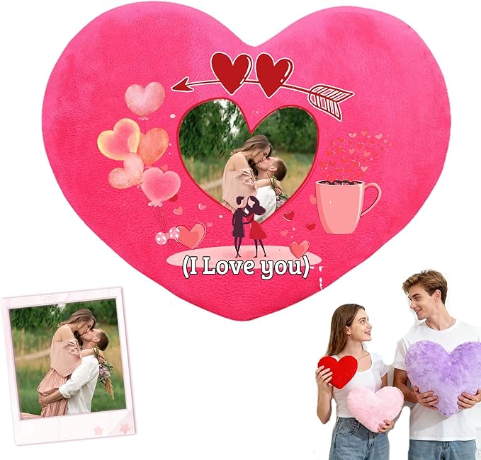 Custom Heart Pillow with Photo Text, Personalized Heart Shaped Pillow with Insert as Valentine Pillows Home Decor Personalized Gifts for Husband Wife Kids Family on Valentines Day Anniversary