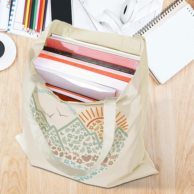 jeilink Cute Mountain Adventure Sunshine Canvas Tote Bag Camping Gifts Weekender Grocery Bags for Women Girls