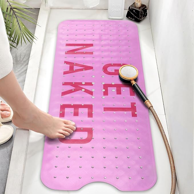 Bathtub Mat Non Slip, Get Naked Extra Long Bath tub Mat Shower Floor Mat with Suction Cups and Drain Holes for Adults Kids Elderly 40 X 16 Inch