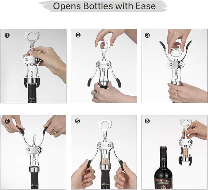 Beneno Wine Opener with Stainless Steel Wine Foil Cutter - Bottle Top Seal Cutter, Zinc Alloy Premium Wing Corkscrew with Multifunctional Bottles Opener, Ash silver