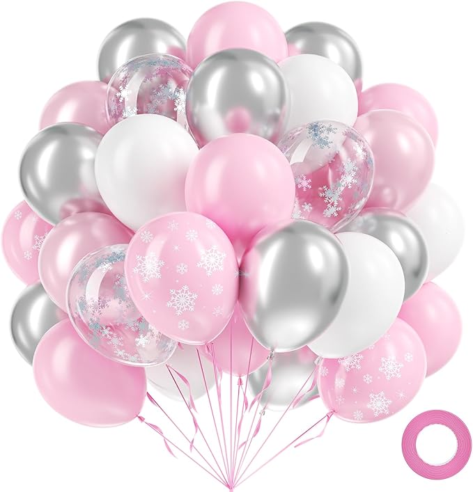 60pcs Snowflake Balloons, Pink and Silver Balloons with Snowflake Confetti Pearl Pink Metallic Silver Balloon for Baby Shower Birthday Party Decorations