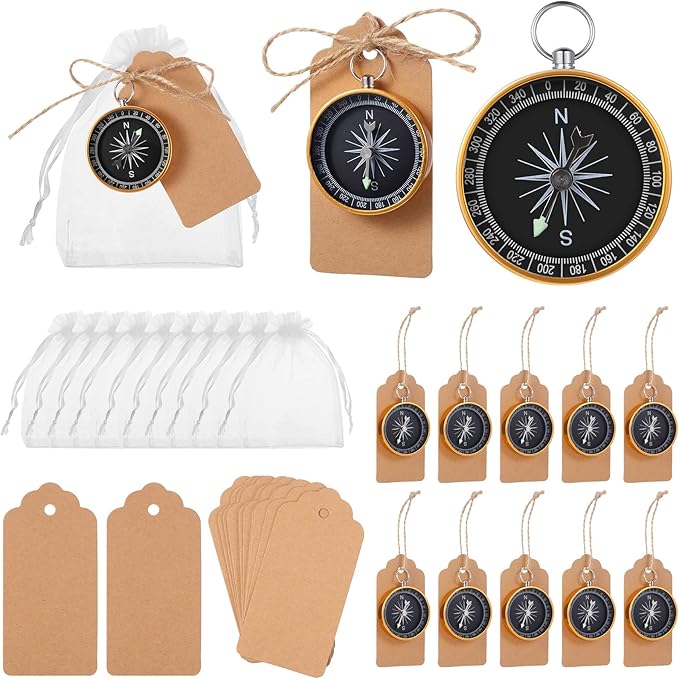TaoBary 60 Pcs Compasses Valentines Day Wedding Party Favors Set, 2026 Mini Compass Souvenir Nautical with Kraft Tags and Organza Bag for Guests Birthday Nautical Travel Party Souvenir Gift(Gold)