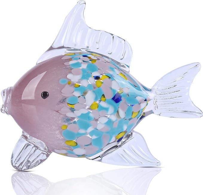 Large Glass Fish Figurine for Home Decor, Hand Blown Art Glass Ocean Animal Statue, Decorative Coastal and Beach Themed Sculpture for Table, Shelf, Bathroom, Living Room or Office