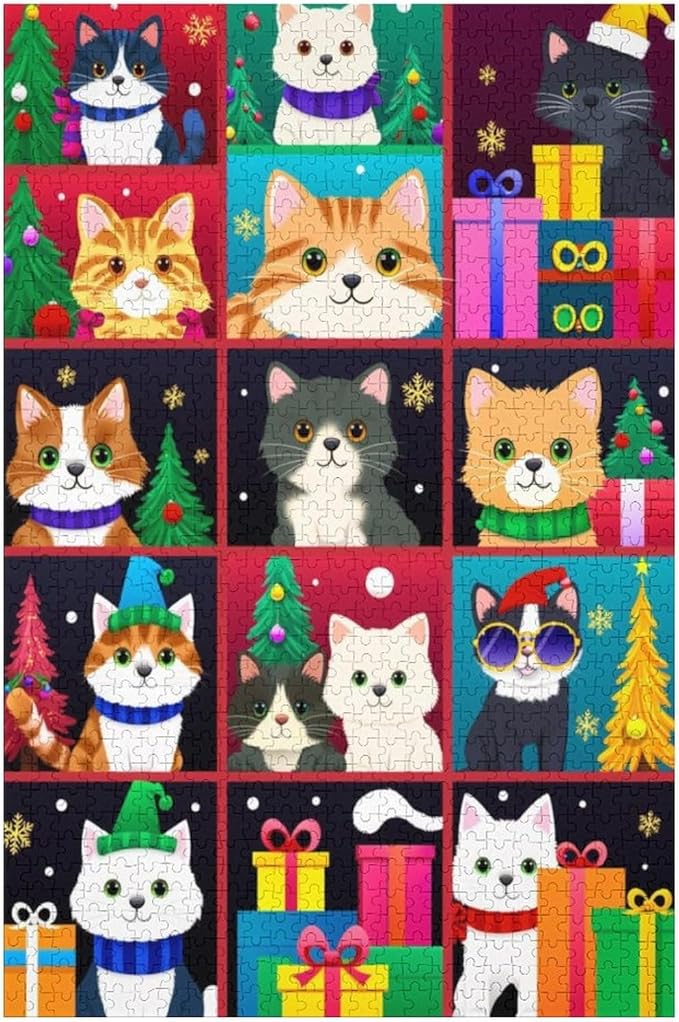 Wooden Puzzle 1000 Pieces Adult - Christmas Dog Cat Puzzle Christmas Puzzles, Holiday Puzzles, Family Toys, Party Games, Jigsaw Puzzle Challenge and Funny